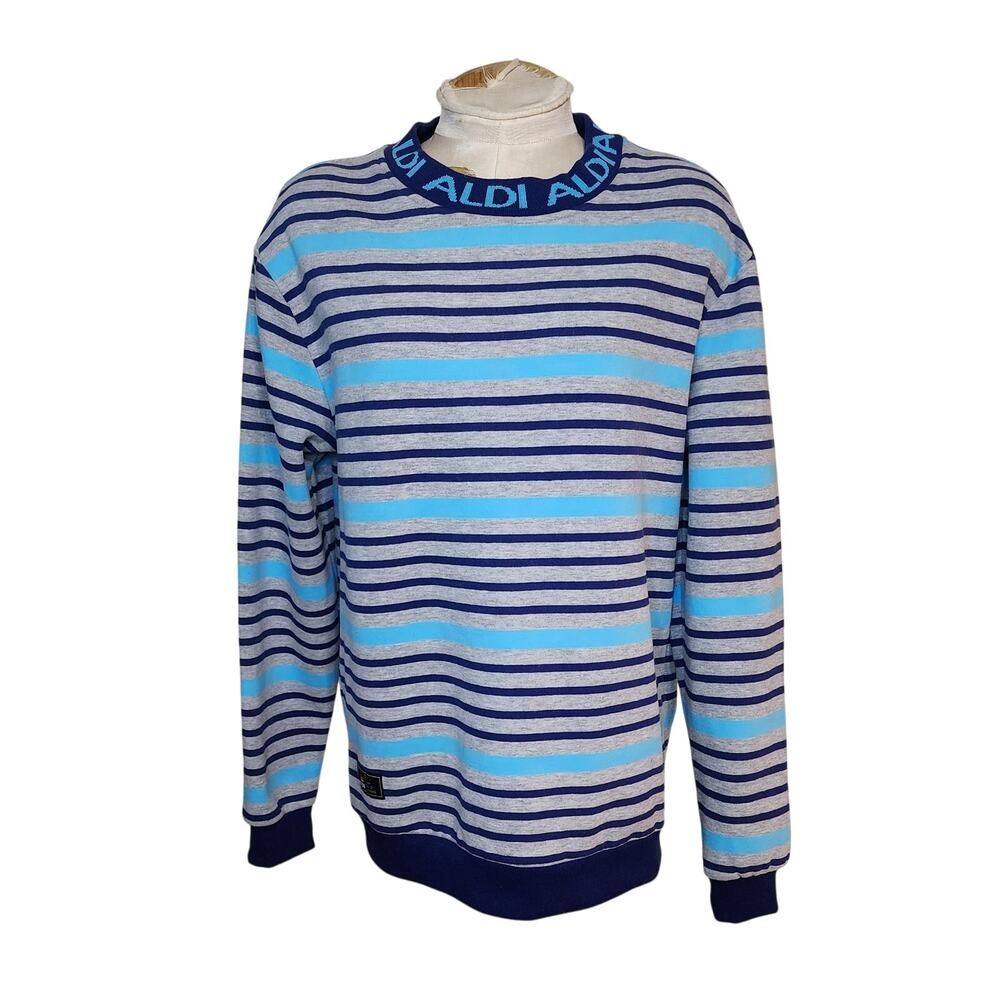 Adult‎ Aldi Gear M Pullover Crew Neck Sweatshirt Blue Grey Striped Unisex NWOT